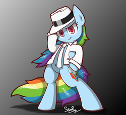Size: 1650x1500 | Tagged: safe, artist:sheandog, rainbow dash, pegasus, pony, semi-anthro, g4, belly button, bipedal, clothes, female, hat, mare, michael jackson, necktie, signature, simple background, smooth criminal, solo