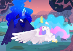 Size: 1000x700 | Tagged: safe, artist:kkitsu, artist:mlp-vector-collabs, princess celestia, princess luna, g4, glowing eyes, magic, prone, spread wings