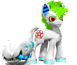 Size: 1375x1164 | Tagged: safe, artist:sherfur, oc, oc only, original species, 3d, augmented tail, earring, fangs, female, mare, pentagram, simple background, solo, transparent background, unshorn fetlocks