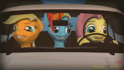 Size: 800x450 | Tagged: safe, artist:epiclper, applejack, fluttershy, rainbow dash, pony, g4, 3d, animated, car, driving, female, freckles, mare, night at the roxbury, open mouth, smiling, source filmmaker, what is love