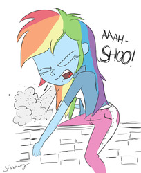 Size: 836x1024 | Tagged: safe, artist:sudosnz, edit, rainbow dash, equestria girls, g4, clothes, color, jeans, sitting, sneezing, sneezing fetish