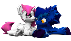 Size: 1692x969 | Tagged: safe, artist:sherfur, oc, oc only, oc:princess scarlet, oc:shooting star, alicorn, bat pony, pony, 3d, alicorn oc, bat pony oc, blushing, couple, cute, licking, oc x oc, simple background, transparent background, underhoof, unshorn fetlocks, wingboner