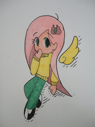 Size: 3240x4320 | Tagged: safe, artist:starhunter7001, fluttershy, human, g4, clothes, female, humanized, light skin, solo, sweatershy, traditional art, winged humanization