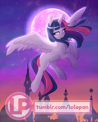 Size: 800x1000 | Tagged: safe, artist:lolopan, twilight sparkle, alicorn, pony, g4, bedroom eyes, blank flank, female, fluffy, flying, looking at you, mare, moon, night, smiling, solo, spread wings, twilight sparkle (alicorn), watermark