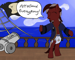 Size: 1280x1024 | Tagged: safe, artist:zalakir, oc, oc only, oc:red treasure, pony, bipedal, boat, cannon, diaper, female, flag, non-baby in diaper, pacifier, ship, solo, speech bubble