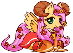 Size: 900x655 | Tagged: safe, artist:kongyi, fluttershy, g4, clothes, costume, cute, female, flower, flower in hair, horns, looking at you, prone, smiling, solo, spread wings, year of the sheep