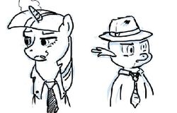 Size: 523x335 | Tagged: artist needed, safe, spike, twilight sparkle, g4, cigarette, clothes, hat, lineart, necktie, shirt, smoking