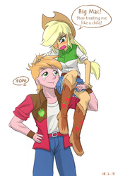 Size: 580x870 | Tagged: safe, artist:ta-na, artist:ta-na edits, edit, applejack, big macintosh, human, equestria girls, g4, blushing, boots, brother and sister, carrying, clothes, cowboy boots, cute, dialogue, duo, embarrassed, engrish, female, high heel boots, male, shoes, shoulder carry, siblings, simple background, skirt, white background