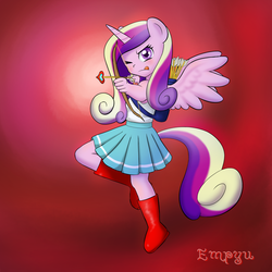 Size: 1000x1000 | Tagged: safe, artist:empyu, princess cadance, anthro, plantigrade anthro, g4, arrow, bow (weapon), bow and arrow, cupid, cupidance, female, heart arrow, hearts and hooves day, princess of love, quiver, solo