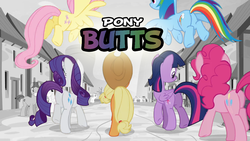 Size: 1440x810 | Tagged: safe, edit, edited screencap, screencap, applejack, fluttershy, pinkie pie, rainbow dash, rarity, twilight sparkle, alicorn, pony, g4, butt, butts, equal cutie mark, female, flying, i watch it for the plot, image macro, mane six, mare, meme, plot, raised leg, spread wings, twilight sparkle (alicorn), walking