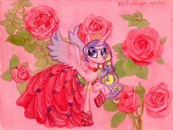 Size: 3563x2681 | Tagged: safe, artist:kelseyleah, princess cadance, g4, clothes, dress, female, flower, high res, rose, solo, traditional art