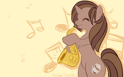 Size: 1600x1000 | Tagged: safe, artist:clovercoin, oc, oc only, oc:mocha delight, pony, cloverly ponies, bipedal, eyes closed, music notes, musical instrument, saxophone, solo, wallpaper