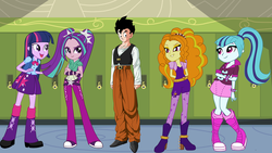 Size: 1024x576 | Tagged: safe, artist:mirai-digi, adagio dazzle, aria blaze, sonata dusk, twilight sparkle, equestria girls, g4, my little pony equestria girls: rainbow rocks, canterlot high, crossover, dragon ball, dragon ball z, son gohan, twilight sparkle (alicorn)