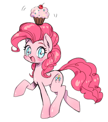 Size: 500x565 | Tagged: safe, artist:nitronic, pinkie pie, pony, g4, balancing, blushing, cupcake, cute, diapinkes, female, looking at you, open mouth, raised hoof, raised leg, smiling, smiling pinkie pie tolts left, solo