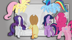 Size: 1440x810 | Tagged: safe, edit, edited screencap, screencap, applejack, fluttershy, pinkie pie, rainbow dash, rarity, twilight sparkle, alicorn, pony, g4, the cutie map, butt, equal cutie mark, female, mane six, mare, plot, twilight sparkle (alicorn)