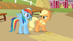 Size: 1600x900 | Tagged: safe, screencap, applejack, rainbow dash, pony, fall weather friends, g4, horseshoes