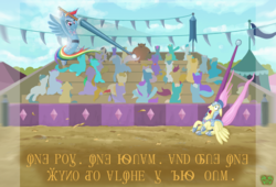 Size: 1024x697 | Tagged: safe, artist:gor1ck, fluttershy, rainbow dash, g4, jousting, this will end in tears, written equestrian