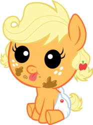 Size: 3000x4035 | Tagged: safe, artist:pilot231, applejack, :p, :t, baby, babyjack, cute, diaper, dirty, female, foal, simple background, sitting, smiling, solo, tongue out, transparent background, vector