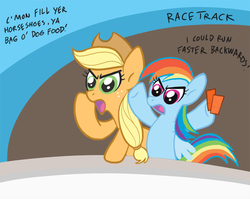 Size: 600x478 | Tagged: artist needed, safe, applejack, rainbow dash, g4, race track, ticket