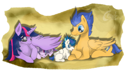 Size: 1280x725 | Tagged: dead source, safe, artist:castaspellliana, flash sentry, twilight sparkle, oc, oc:astraea shimmer, oc:orion spark, alicorn, pony, g4, child, colt, daughter, family, father, father and child, father and son, female, filly, foal, husband, husband and wife, male, mare, mother, mother and child, mother and daughter, offspring, parent:flash sentry, parent:twilight sparkle, parents:flashlight, ship:flashlight, shipping, son, straight, twilight sparkle (alicorn), wife, wing blanket, winghug, wings