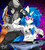 Size: 1800x2000 | Tagged: safe, artist:zanclife, dj pon-3, octavia melody, vinyl scratch, anthro, g4, breasts, busty octavia melody, busty vinyl scratch, cello, clothes, female, fingerless gloves, glasses, gloves, headphones, music notes, musical instrument, pony ears, sideboob, turntable, violin