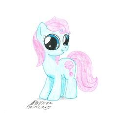 Size: 1009x946 | Tagged: safe, artist:hanvii82, baby cuddles, earth pony, pony, g1, g4, female, filly, g1 to g4, generation leap, open mouth, open smile, signature, simple background, smiling, solo, traditional art, white background