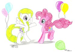 Size: 1024x718 | Tagged: safe, artist:hanvii82, pinkie pie, surprise, g1, g4, balloon, traditional art