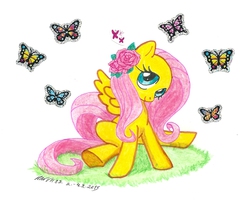 Size: 1225x980 | Tagged: safe, artist:hanvii82, fluttershy, butterfly, g4, female, flower, solo, traditional art