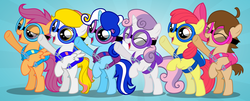 Size: 7000x2814 | Tagged: safe, artist:pilot231, apple bloom, scootaloo, sweetie belle, oc, oc:icy blue, oc:lulu gem, oc:mocha bean, g4, cutie mark crusaders, goggles