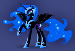 Size: 800x541 | Tagged: safe, artist:cheshiremoon7, nightmare moon, alicorn, pony, g4, cutie mark, eyeshadow, female, helmet, makeup, mare, open mouth, raised leg, slit pupils, solo, spread wings, wings