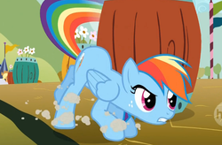 Size: 736x484 | Tagged: safe, screencap, applejack, rainbow dash, fall weather friends, g4, my little pony: friendship is magic, animation error, female, freckles, solo