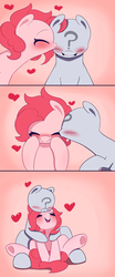 Size: 830x2000 | Tagged: safe, artist:joyfulinsanity, pinkie pie, oc, oc:anon, earth pony, pony, g4, anon pony, anonymous, blushing, cuddling, cute, diapinkes, duo, female, heart, kissing, male, ponified, snuggling, straight, valentine's day