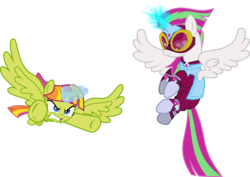 Size: 1280x907 | Tagged: safe, artist:punzil504, blossomforth, sweetcream scoops, pegasus, pony, g4, alicornified, blossomcorn, duo, duo female, female, glowing horn, goggles, horn, mare, recolor, scoopsicorn, simple background, transparent background, vector