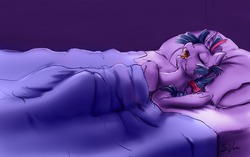 Size: 1280x802 | Tagged: safe, artist:silfoe, twilight sparkle, alicorn, pony, royal sketchbook, g4, bed, drool, eyes closed, female, mare, on back, open mouth, sleeping, smiling, snoring, solo, twilight sparkle (alicorn)