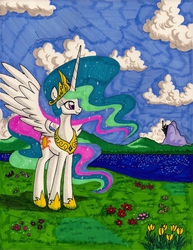 Size: 1690x2186 | Tagged: safe, artist:newyorkx3, princess celestia, g4, canterlot castle, female, flower, lake, scenery, solo, traditional art