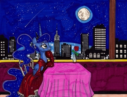 Size: 2178x1677 | Tagged: safe, artist:newyorkx3, princess luna, g4, city, cityscape, clothes, dress, evening gloves, female, high ponytail, long hair, moon, ponytail, scenery, shooting star, solo, traditional art