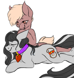 Size: 529x561 | Tagged: safe, artist:cottoncloudy, oc, oc only, oc:cotton cloudy, oc:elijah, earth pony, pony, collar, cuddling, femboy, male, oc x oc, pet play, petting, rule 63, snuggling, straight, submission
