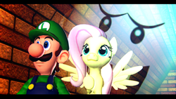 Size: 900x506 | Tagged: safe, artist:illumint, fluttershy, ghost, g4, 3d, 3d model, boo, crossover, female, hallway, luigi, luigi's mansion, luigishy, male, sneaking, super mario bros., this will end in tears