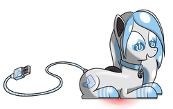 Size: 1900x1200 | Tagged: safe, artist:riokenng3, oc, oc only, oc:stripe shine, pony, robot, robot pony, bell, bell collar, click, collar, commission, computer mouse, transformation, usb, usb cable, usb tail