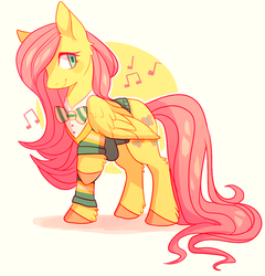 Size: 1280x1331 | Tagged: safe, artist:fawnshy, fluttershy, pony, g4, bowtie, clothes, cute, ear fluff, female, fluffy, leg fluff, mare, music notes, ponytones outfit, raised hoof, shyabetes, simple background, smiling, solo, unshorn fetlocks