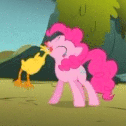 Size: 300x300 | Tagged: safe, screencap, pinkie pie, earth pony, pony, dragonshy, g4, season 1, animated, artifact, cute, diapinkes, eyes closed, female, gif, hilarious in hindsight, mare, mouth hold, playing, rubber chicken, smiling, solo