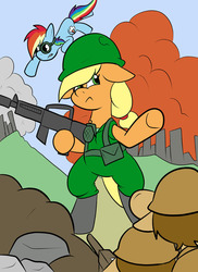 Size: 576x792 | Tagged: safe, artist:pembroke, applejack, rainbow dash, earth pony, pegasus, pony, g4, bipedal, female, gun, helmet, mare, military uniform, weapon