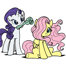 Size: 945x945 | Tagged: safe, artist:megasweet, edit, fluttershy, rarity, g4, cute, hair dryer, mouth hold