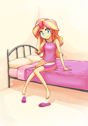 Size: 982x1400 | Tagged: safe, artist:frankier77, sunset shimmer, equestria girls, g4, my little pony equestria girls: rainbow rocks, bed, clothes, feet, female, sleeveless, slippers, solo