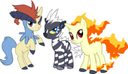 Size: 804x471 | Tagged: safe, artist:deerspit, blitzle, keldeo, pony, ponyta, pokémon, ponified, style emulation, trio