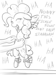 Size: 675x900 | Tagged: safe, artist:placeholder, pinkie pie, oc, oc:anon, human, g4, blushing, bondage, crying, dialogue, disembodied hand, duct tape, eyes closed, hand, help me, laughing, monochrome, offscreen character, prank, punishment, tape, tickle fight, tickle torture, tickling