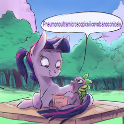 Size: 1024x1024 | Tagged: safe, artist:imsokyo, spike, twilight sparkle, dragon, pony, unicorn, daily life of spike, g4, alternate hairstyle, baby spike, book, cute, dialogue, duo, female, filly, filly twilight sparkle, first words, like mother like son, like parent like child, long, male, mama twilight, mare, one word, open mouth, pompeii, ponytail, prone, proud, smiling, spikabetes, unicorn twilight, younger