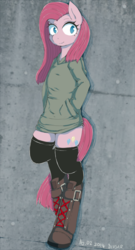 Size: 450x834 | Tagged: safe, artist:divided-s, pinkie pie, earth pony, anthro, semi-anthro, g4, boots, clothes, female, hoof boots, pinkamena diane pie, socks, solo