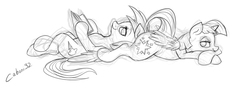 Size: 900x329 | Tagged: safe, artist:php188, rainbow dash, twilight sparkle, alicorn, pegasus, pony, g4, bedroom eyes, book, butt pillow, female, hoof hold, lesbian, looking back, mare, monochrome, on back, prone, reading, ship:twidash, shipping, sketch, smiling, twilight sparkle (alicorn)