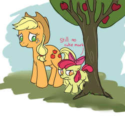 Size: 500x500 | Tagged: safe, artist:ponygoggles, apple bloom, applejack, g4, apple, applebucking, tree